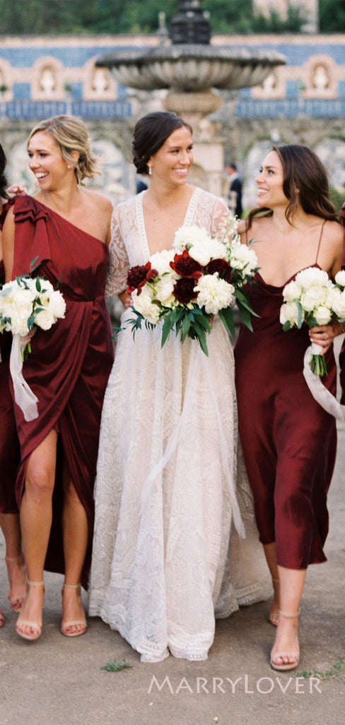 Mismatched Burgundy Satin Side Slit Long Custom Bridesmaid Dresses , MRB0056