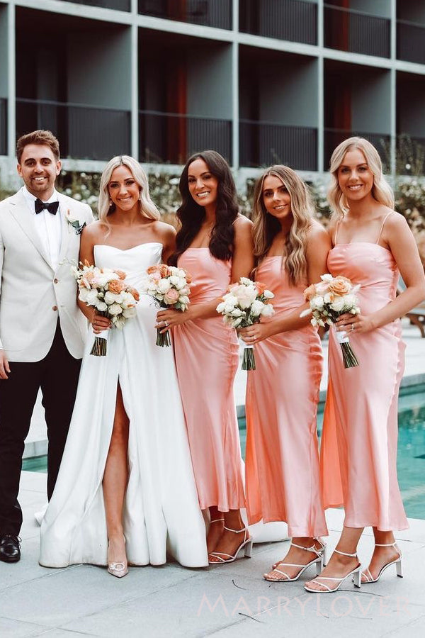 Simple Pink Satin Spaghetti Straps Cheap Side Slit Long Custom Bridesmaid Dresses , MRB0058 Simple Pink Satin Spaghetti Straps Cheap Side Slit Long Custom Bridesmaid Dresses , MRB0058