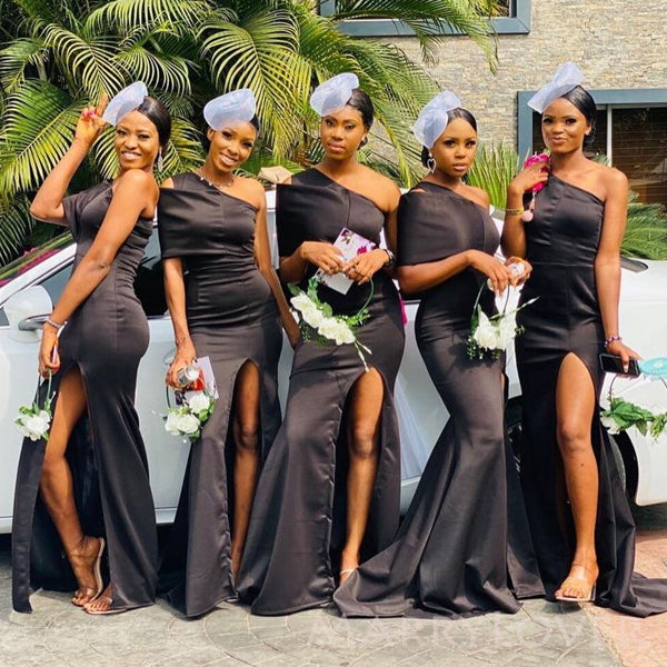 One Shoulder Black Satin Nernaid Cheap Side Slit Long Custom Bridesmai – MarryLover