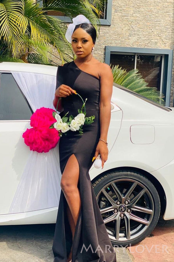 One Shoulder Black Satin Nernaid Cheap Side Slit Long Custom Bridesmai MarryLover One Shoulder Black Satin Nernaid Cheap Side Slit Long Custom Bridesmai MarryLover