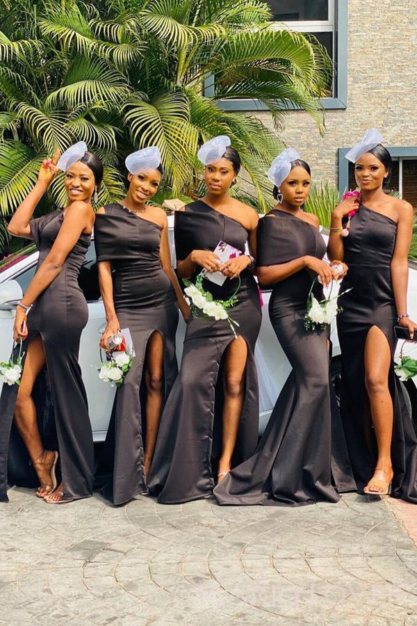 One Shoulder Black Satin Nernaid Cheap Side Slit Long Custom Bridesmai – MarryLover