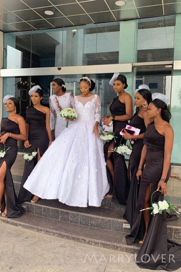 One Shoulder Black Satin Nernaid Cheap Side Slit Long Custom Bridesmaid Dresses , MRB0060 One Shoulder Black Satin Nernaid Cheap Side Slit Long Custom Bridesmaid Dresses , MRB0060