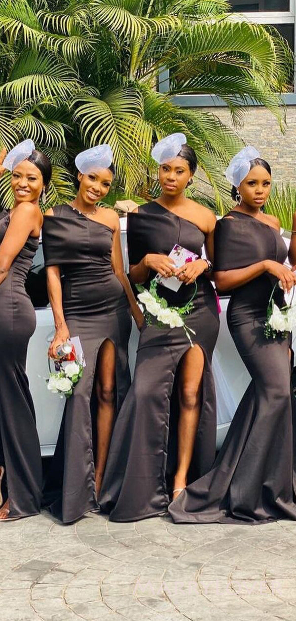 One Shoulder Black Satin Nernaid Cheap Side Slit Long Custom Bridesmaid Dresses MRB0060