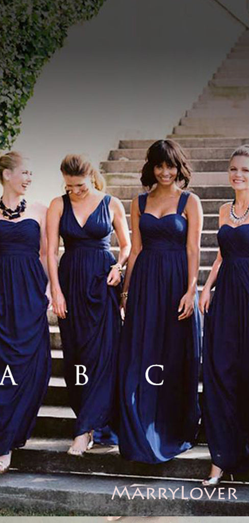 Mismatched Navy Blue A-line Cheap Long Custom Bridesmaid Dresses , MRB0061