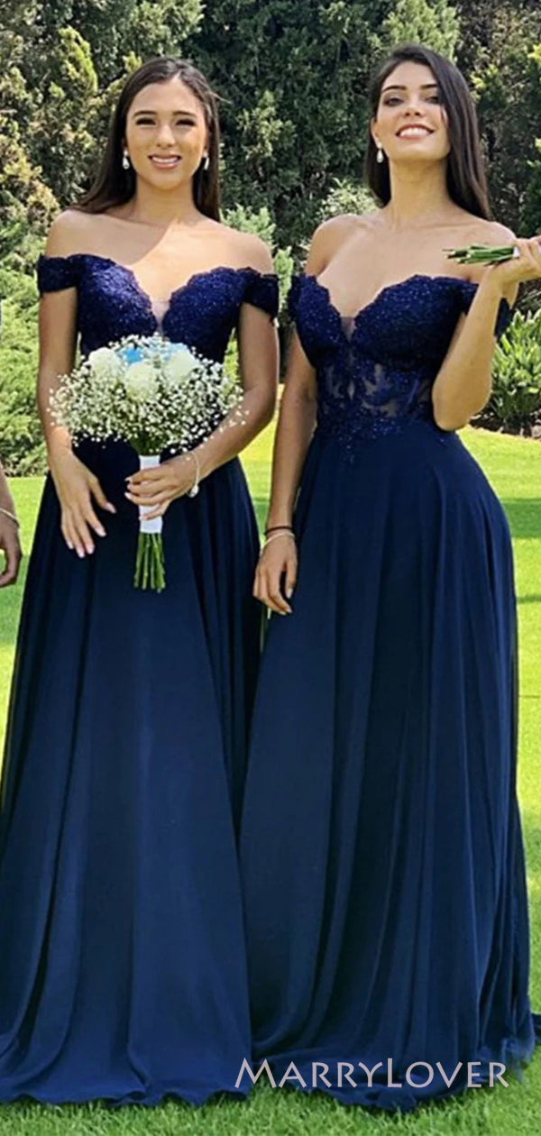 A-line Off Shoulder Royal Blue Cheap Appliques Long Custom Bridesmaid – MarryLover