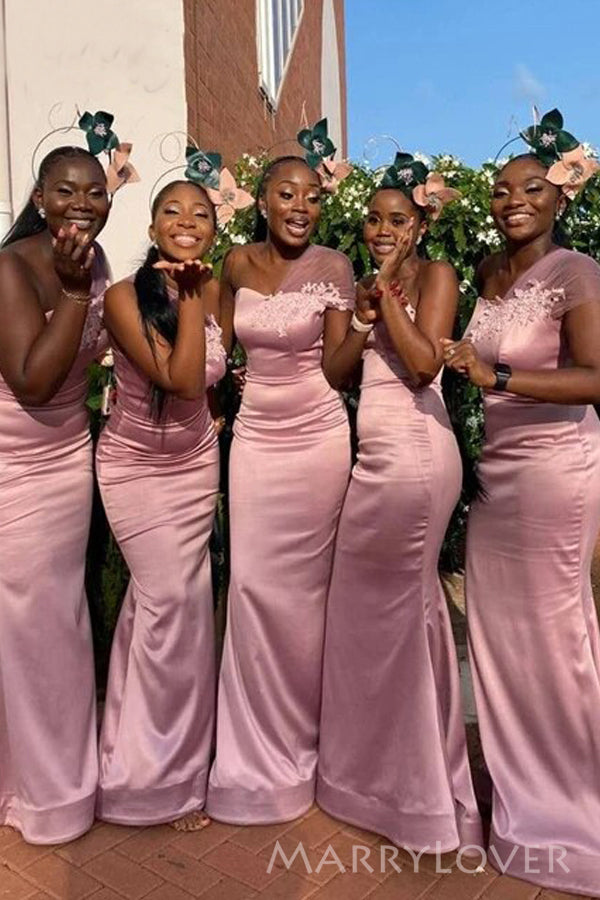One Shoulder Mermaid Satin Appliques Cheap Long Custom Bridesmaid Dres MarryLover One Shoulder Mermaid Satin Appliques Cheap Long Custom Bridesmaid Dres MarryLover