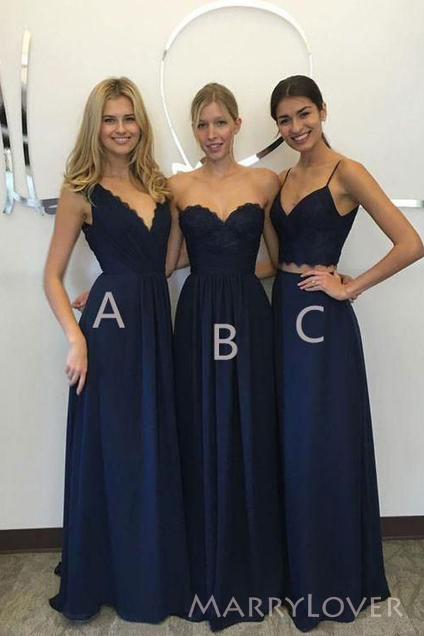 Mismatched Navy Blue Chiffon Lace Cheap A-line Long Custom Bridesmaid Dresses , MRB0072