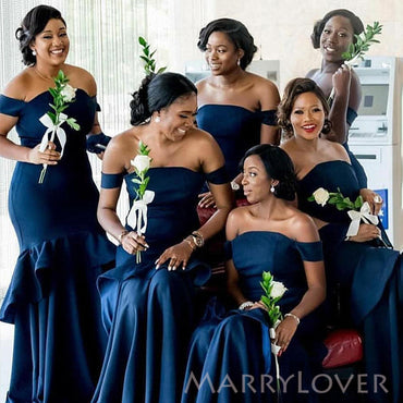 Off Shoulder Navy Blue Mermaid Satin Cheap Long Custom Bridesmaid Dresses , MRB0073