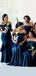 Off Shoulder Navy Blue Mermaid Satin Cheap Long Custom Bridesmaid Dresses , MRB0073