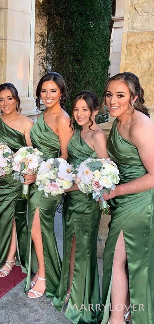 Popular Green Satin Mermaid One Shoulder Cheap Long Custom Bridesmaid MarryLover Popular Green Satin Mermaid One Shoulder Cheap Long Custom Bridesmaid MarryLover