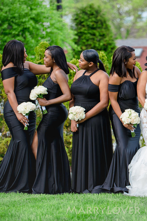 Mismatched Black Satin Cheap Custom Long Custom Bridesmaid Dresses , MRB0079 Mismatched Black Satin Cheap Custom Long Custom Bridesmaid Dresses , MRB0079