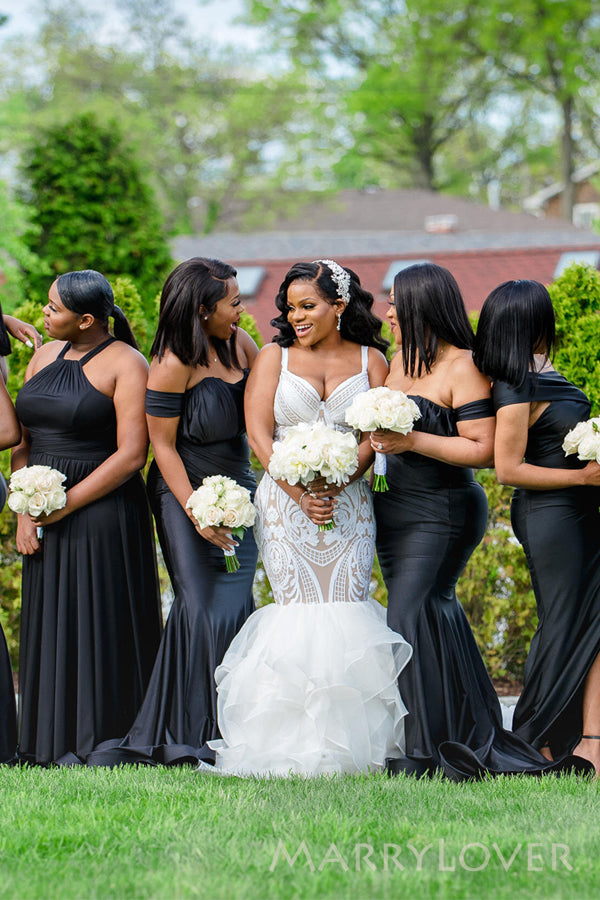 Mismatched Black Satin Cheap Custom Long Custom Bridesmaid Dresses , MRB0079 Mismatched Black Satin Cheap Custom Long Custom Bridesmaid Dresses , MRB0079