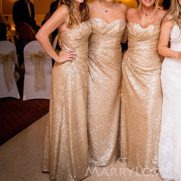 Sweetherat Gold Sequins Mermaid Strapless Cheap Long Custom Bridesmaid Dresses , MRB0084