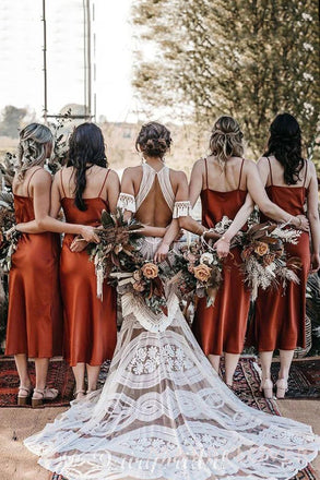 Simple Spaghetti Straps Rust Satin Side Slit Cheap Long Custom Bridesmaid Dresses , MRB0087