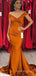 Mermaid Burnt Orange Satin Off Shoulder Custom Cheap Long Custom Bridesmaid Dresses , MRB0099