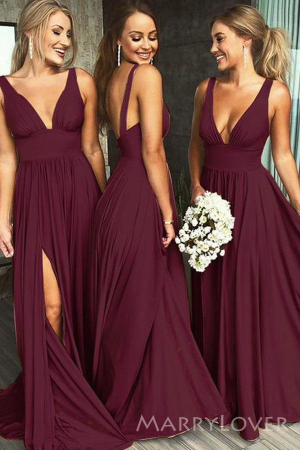 Deep V-neck Burgundy A-line Long Custom Side Slit Bridesmaid Dresses, MRB0118