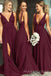 Deep V-neck Burgundy A-line Long Custom Side Slit Bridesmaid Dresses, MRB0118