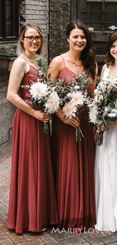 Simple Spaghetti Straps Rust A-line Long Custom V-neck Bridesmaid Dresses, MRB0119