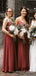 Simple Spaghetti Straps Rust A-line Long Custom V-neck Bridesmaid Dresses, MRB0119