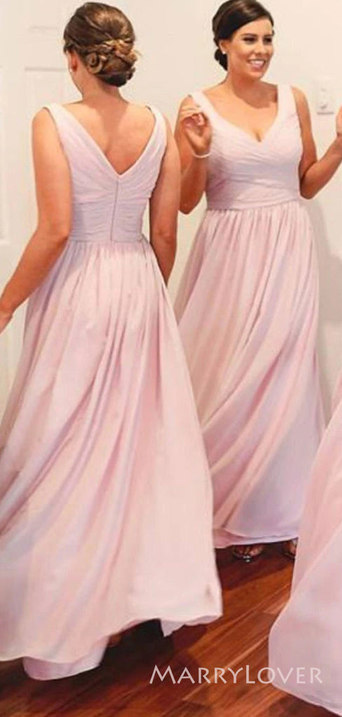 A-line Pink Chiffon Long Custom V-neck Bridesmaid Dresses, MRB0121
