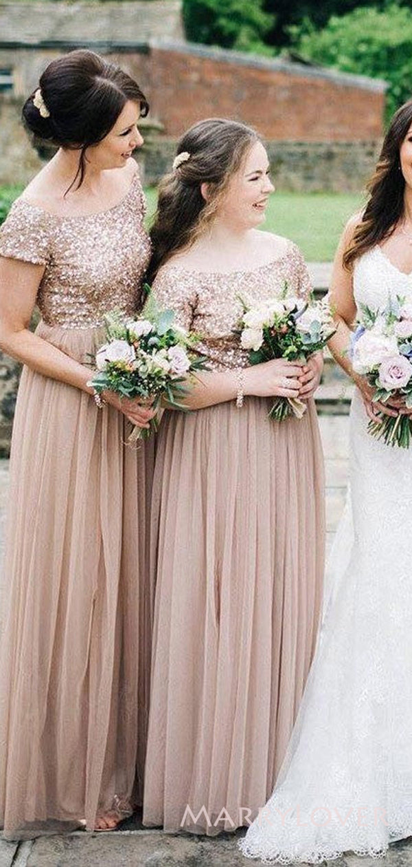 A-line Tulle Sequins V-neck Long Custom Short Sleeves Bridesmaid Dress – MarryLover A-line Tulle Sequins V-neck Long Custom Short Sleeves Bridesmaid Dress – MarryLover