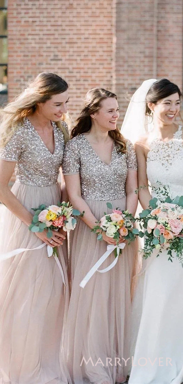 A-line Tulle Sequins V-neck Long Custom Short Sleeves Bridesmaid Dress MarryLover A-line Tulle Sequins V-neck Long Custom Short Sleeves Bridesmaid Dress MarryLover