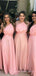 One Shoulder Pink Organza Long Custom A-line Bridesmaid Dresses, MRB0123
