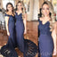 Mermaid V-neck Navy Blue Appliques Long Custom Bridesmaid Dresses, MRB0126