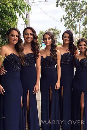 Sweetheart Navy Blue Mermaid Strapless Long Custom Bridesmaid Dresses, MRB0131