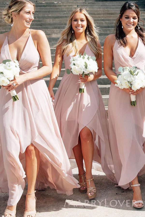 A-line Pink Chiffon V-neck Long Custom Spaghetti Straps Bridesmaid Dresses, MRB0136 A-line Pink Chiffon V-neck Long Custom Spaghetti Straps Bridesmaid Dresses, MRB0136