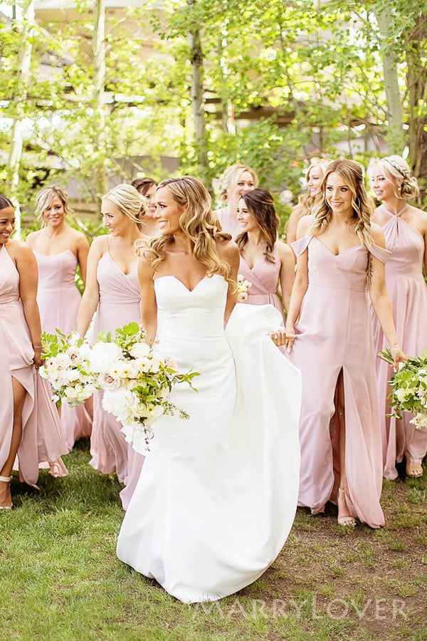 Mismatched Pink Chiffon Side Slit Long Custom Bridesmaid Dresses, MRB0153
