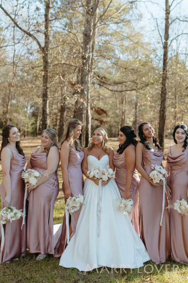 Mermaid Rose Gold Satin Spaghetti Straps Long Custom Bridesmaid Dresses, MRB0154 Mermaid Rose Gold Satin Spaghetti Straps Long Custom Bridesmaid Dresses, MRB0154