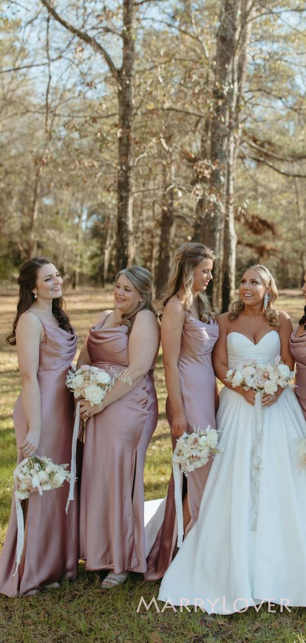Mermaid Rose Gold Satin Spaghetti Straps Long Custom Bridesmaid Dresse MarryLover Mermaid Rose Gold Satin Spaghetti Straps Long Custom Bridesmaid Dresse MarryLover