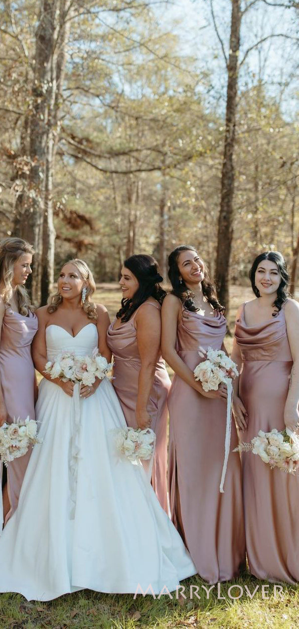 Mermaid Rose Gold Satin Spaghetti Straps Long Custom Bridesmaid Dresses, MRB0154 Mermaid Rose Gold Satin Spaghetti Straps Long Custom Bridesmaid Dresses, MRB0154