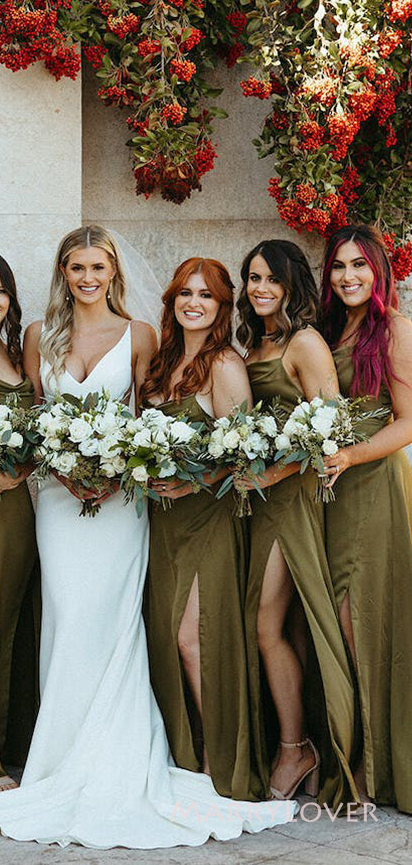 Spaghetti Straps A-line Clover Long Cheap Custom Side Slit Bridesmaid Dresses, MRB0157 Spaghetti Straps A-line Clover Long Cheap Custom Side Slit Bridesmaid Dresses, MRB0157