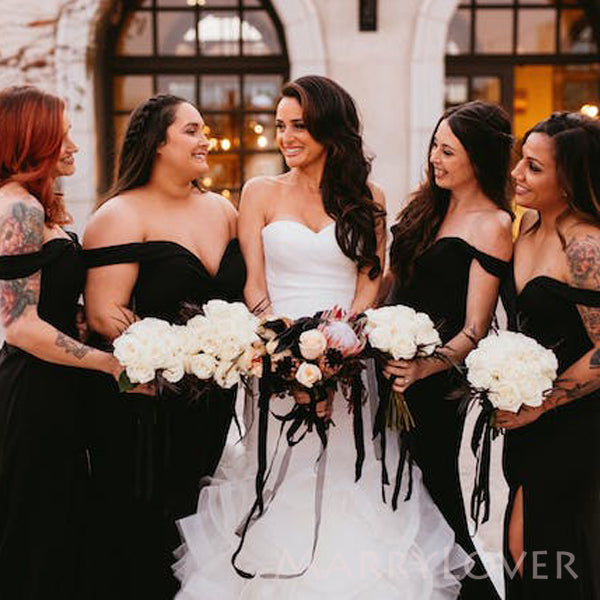 Black Chiffon Mermaid Off Shoulder Long Cheap Custom Side Slit Bridesm MarryLover Black Chiffon Mermaid Off Shoulder Long Cheap Custom Side Slit Bridesm MarryLover