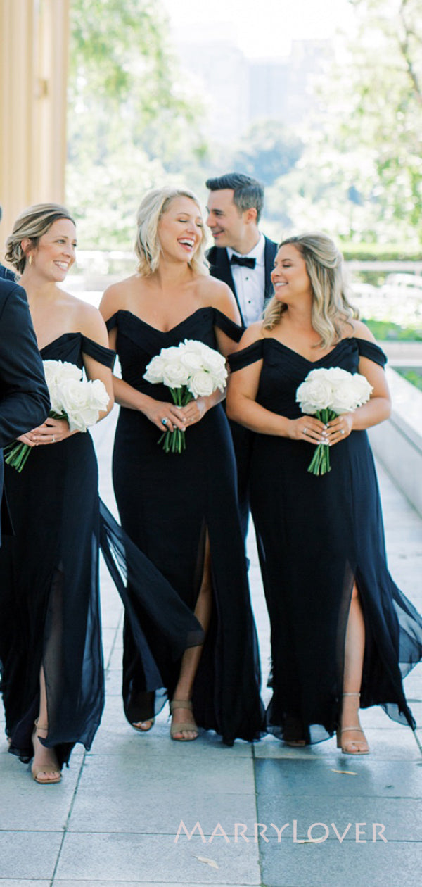Black Chiffon Mermaid Off Shoulder Long Cheap Custom Side Slit Bridesmaid Dresses, MRB0158 Black Chiffon Mermaid Off Shoulder Long Cheap Custom Side Slit Bridesmaid Dresses, MRB0158