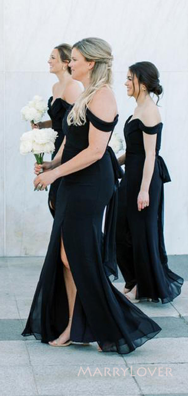 Black Chiffon Mermaid Off Shoulder Long Cheap Custom Side Slit Bridesm MarryLover Black Chiffon Mermaid Off Shoulder Long Cheap Custom Side Slit Bridesm MarryLover