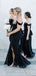 Black Chiffon Mermaid Off Shoulder Long Cheap Custom Side Slit Bridesmaid Dresses, MRB0158