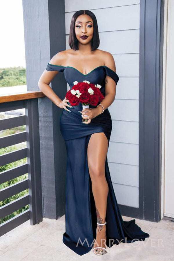 Mismatched Navy Blue Satin Mermaid Side Slit Long Cheap Custom Bridesm MarryLover Mismatched Navy Blue Satin Mermaid Side Slit Long Cheap Custom Bridesm MarryLover