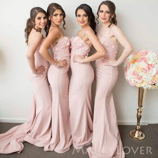 Spaghetti Straps Mermaid Pink Long Cheap Custom Appliques Bridesmaid Dresses, MRB0167