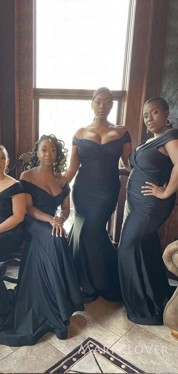 Popular Black satin Off Shoulder Long Cheap Custom Mermaid Bridesmaid – MarryLover