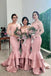Mermaid Pink Satin Lace Long Sleeves Long Cheap Off Shoulder Bridesmaid Dresses, MRB0178