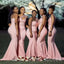One Shoulder Mermaid Pink Appliques Long Cheap Off Shoulder Bridesmaid Dresses, MRB0179