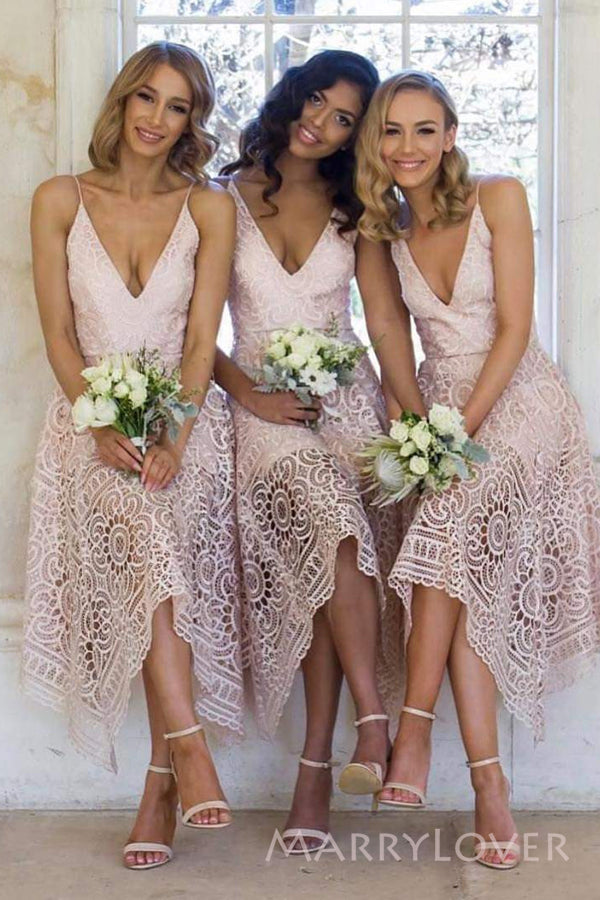 Pink Lace A-line V-neck Long Cheap Custom Bridesmaid Dresses, Spaghetti Straps Short Bridesmaid dress, MRB0182