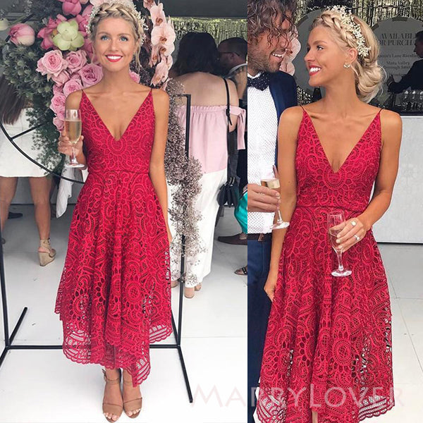 A-line Red Lace Long Cheap Custom Spaghetti Straps Bridesmaid Dresses, Short Bridesmaid dress, MRB0184 A-line Red Lace Long Cheap Custom Spaghetti Straps Bridesmaid Dresses, Short Bridesmaid dress, MRB0184