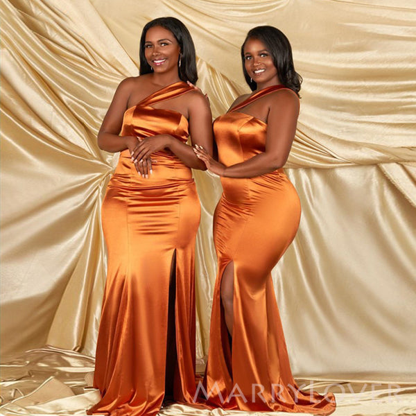 Popular Burnt Orange Satin Mermaid One Shoulder Long Cheap Custom Side – MarryLover