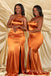 Popular Burnt Orange Satin Mermaid One Shoulder Long Cheap Custom Side Slit Bridesmaid Dresses, MRB0190