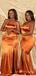 Popular Burnt Orange Satin Mermaid One Shoulder Long Cheap Custom Side Slit Bridesmaid Dresses, MRB0190