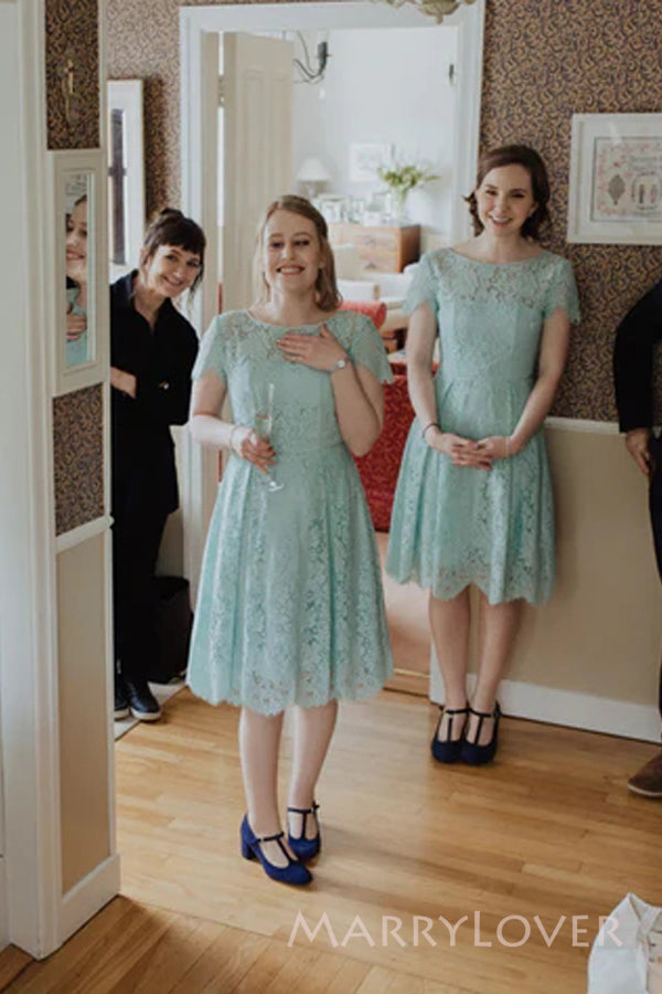 Mint Green Lace A-line Short Cheap Custom Short Sleeves Bridesmaid Dre MarryLover Mint Green Lace A-line Short Cheap Custom Short Sleeves Bridesmaid Dre MarryLover